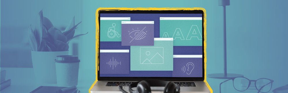 Laptop with images of audio waves, person in wheel chair, eye representing impaired vision and varying text sizes. All to represent design aspects to take into account when building an accessible website.