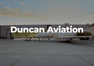 Airplane outside of hangar with text: Duncan Aviation; animation, application, photography, video.
