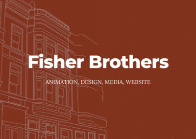 Graphic similar to a blueprint over a orange background. Text: Fisher Brothers; animation, design, media, website