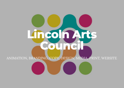 White background with dots and connecting shapes in primary colors. Text: Lincoln Arts Council; animation, branding, copy, design, media, print, website.